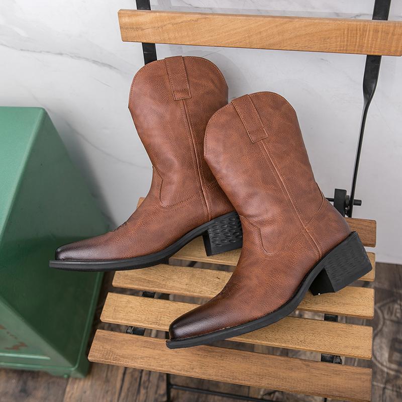 Men's Handmade Cowboy Boots for Men Genuine Leather Retro Western Boots with Pointed Toe for Riding, Horseback, Country Style