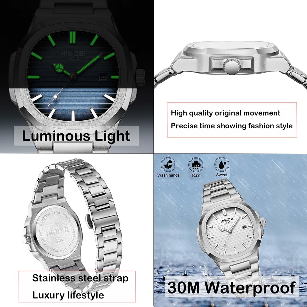 NIBOSI Металлические часы из нержавеющей стали для мужчин Мужские часы, Стильные, Деловые, Стальные, Наручные часы, Джентльменские, Водонепроницаемые, Аналоговые, Ремешок, Повседневные, Дата, Люминесцентные,