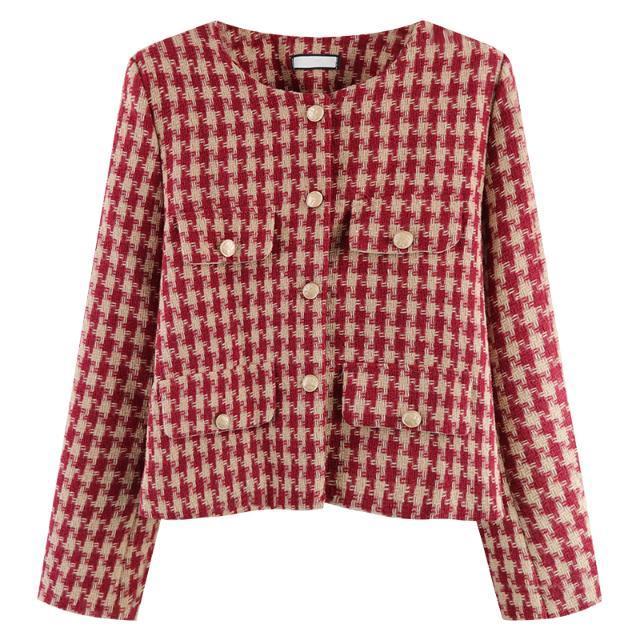 Клетчатый женский короткий пальто с длинными рукавами в корейском стиле в повседневном стиле