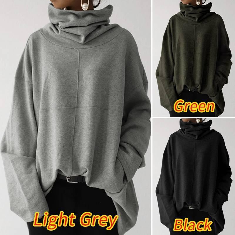 Women's Autumn and Winter High Collar Warm Loose Solid Color Weatshirt Fashion Casual Clothes Long Sleeve Pocket High Collar Size S-5XL