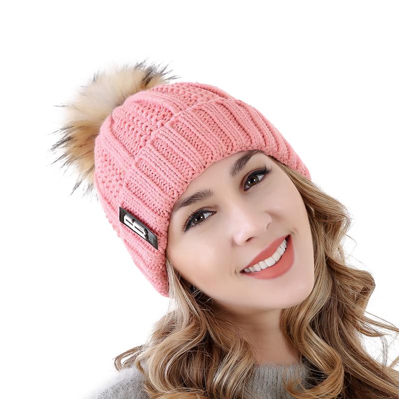 High Quality Letter B Cotton Beanies Wool Fur Pompom Winter Hat For Women Girls Warm Knitted Hat