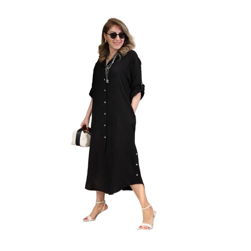 Льняное платье-рубашка большого размера с кружевной вставкой - Повседневный стиль в европейском и американском стиле