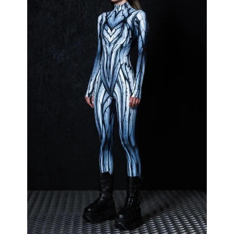 Женский Хэллоуин Комбинезон с длинным рукавом с цифровым принтом, облегающий боди, костюм для косплея