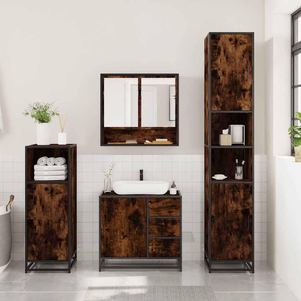 3 Piece Bathroom Furniture Set Smoked Oak Wood Based Material