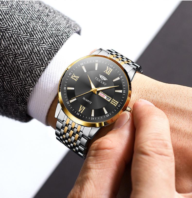 Butterfly Clasp Men's Ultra-Thin Luminous Stainless Steel Dual Calendar Waterproof Quartz Watch