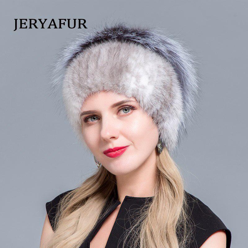 JERYAFUR Внутренние вязаные шапки, теплые новые модные зимние шапки для женщин, шапка из натурального норкового меха, женская лоскутная шапка из лисьего меха разных цветов