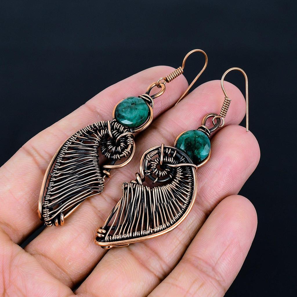 Emerald 999 Copper Wire Wrapped Earrings, Handmade Gemstone Earrings, Gift For Mom Antique Jewelry
