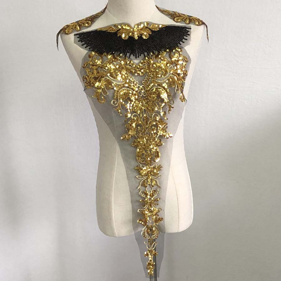 1 комплект золотых аппликаций с пайетками, красная синяя вышитая кружевная ткань, свадебные нашивки для украшения платья своими руками