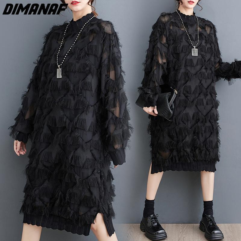 DIMANAF Женское платье больших размеров 2023, новое летнее стильное платье с длинным рукавом и круглым вырезом, свободное платье с цветочным принтом, базовое черное новое