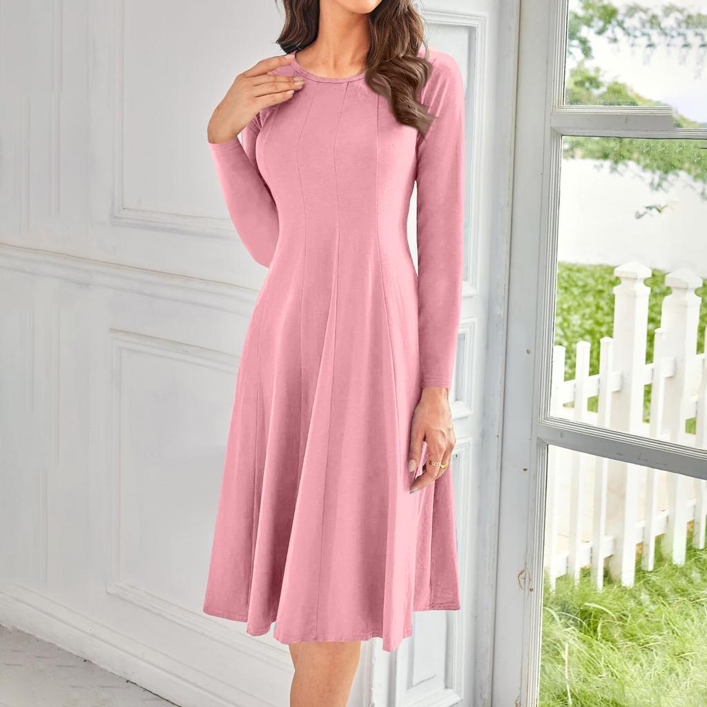 Женское повседневное модное платье миди с круглым вырезом и длинным рукавом