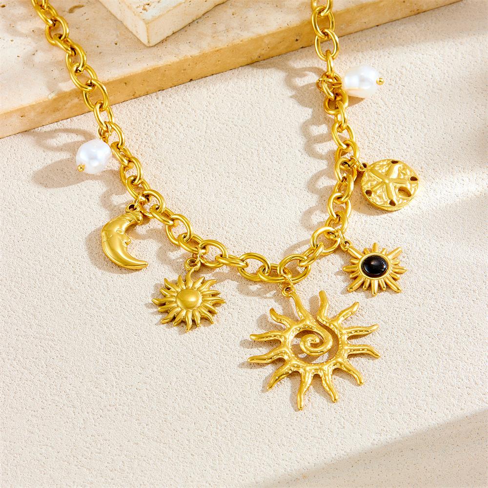 Stainless Steel Creative Spiral Sun Element Moon Star Pendant Necklace Women Hyperbole Clavicle Chain Party Gifts