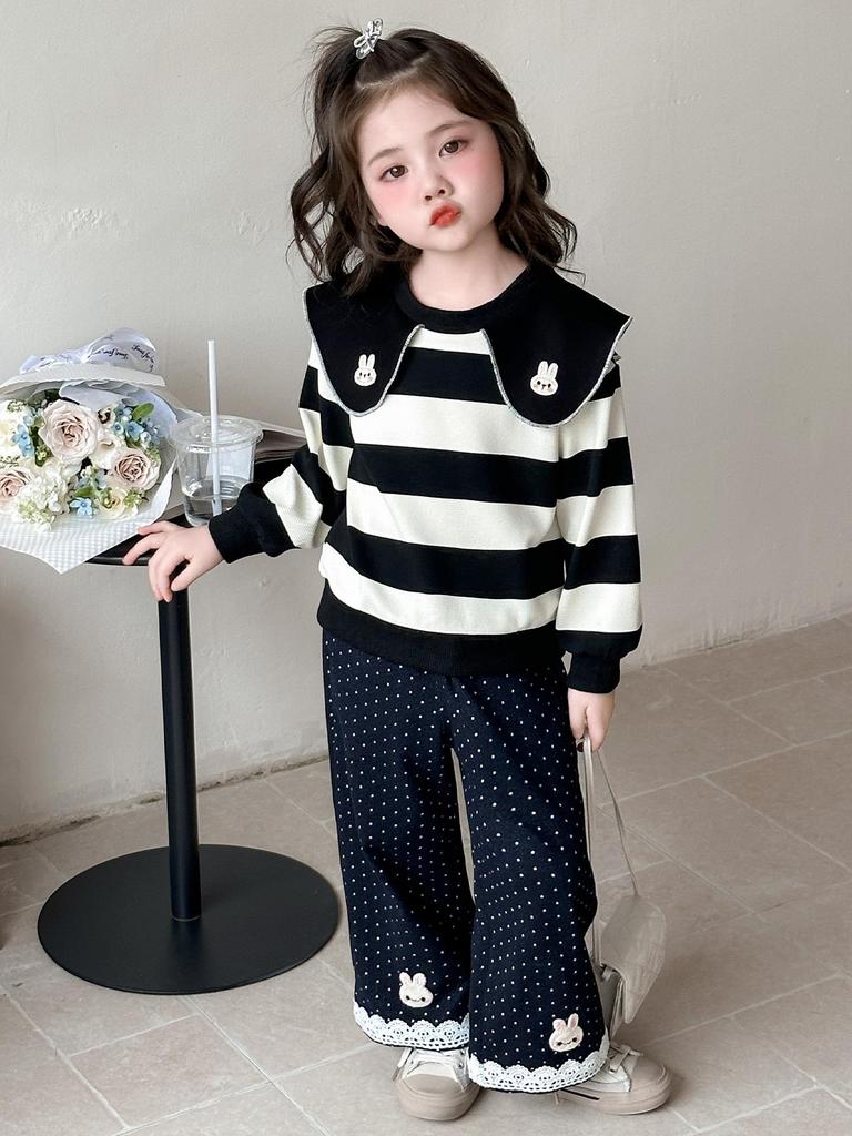 Girls' Striped Doll Collar Sweatshirt & Polka Dot Pants Set - Spring/Autumn 2025 Fashion for Small/Medium Children