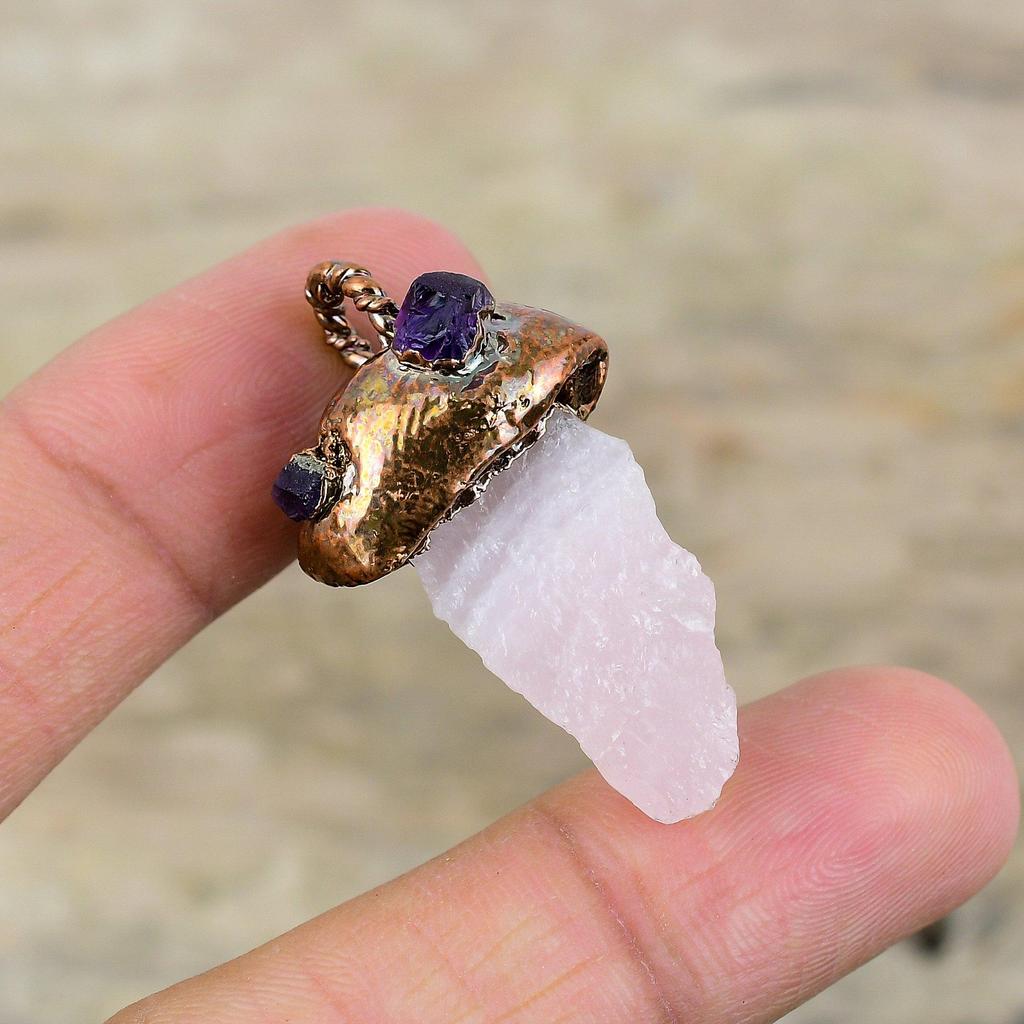 Rose Quartz Rough Pendant Electroformed Copper Pendant African Amethyst Rough Gemstone Pendant Electroformed Copper Jewelry Engagement Gift
