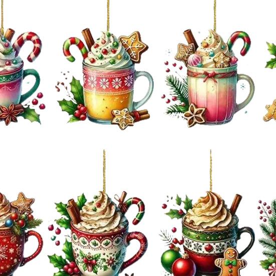 8 шт. Рождественские украшения, подвесные чашки кофе какао, украшения для рождественской елки, 2D, плоские акриловые украшения