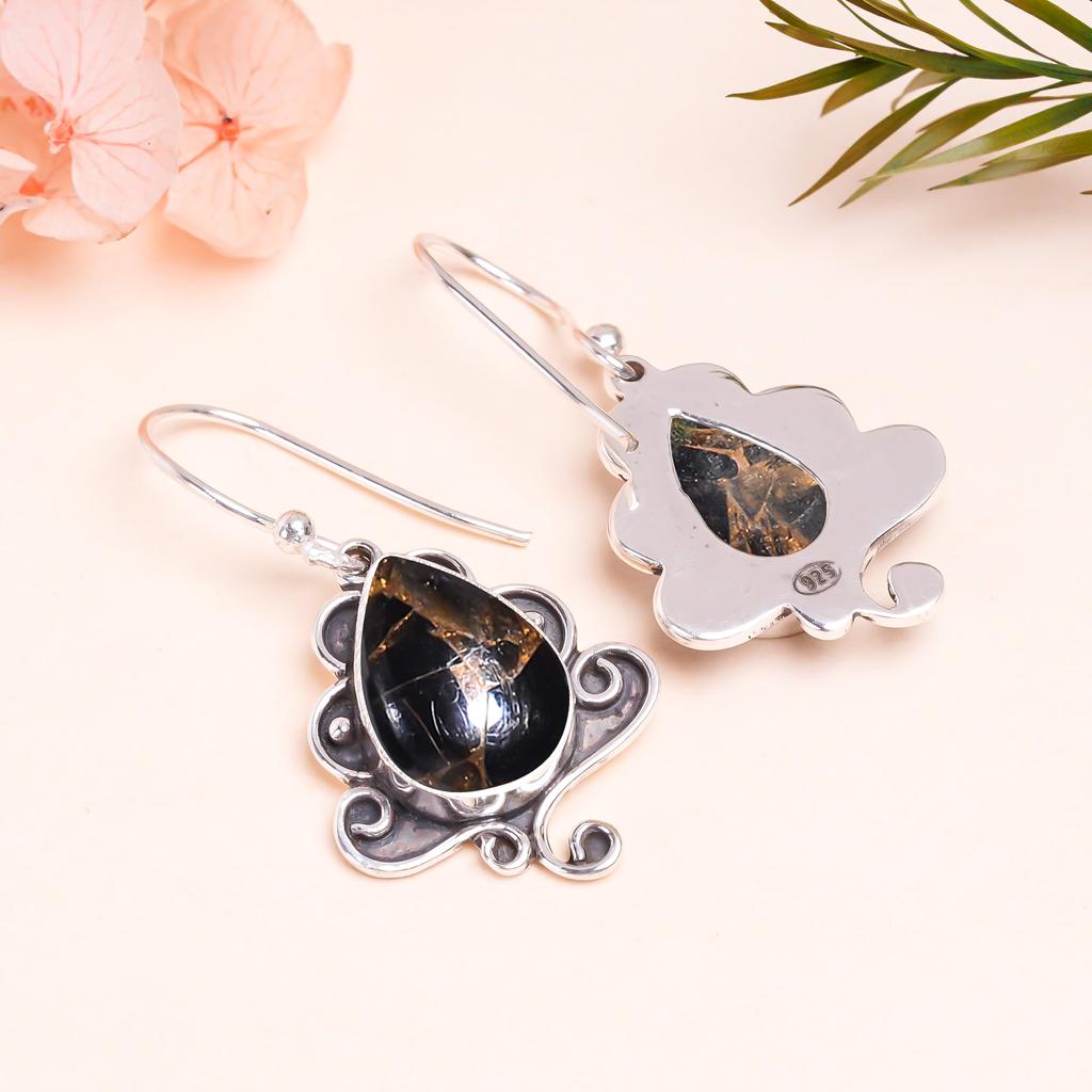 Медные серьги из стерлингового серебра 925 пробы с черным обсидианом V9831, черные серьги, серьги-груши, подарок на День святого Валентина, подарок для нее, подарок на день рождения, украшение ручной работы