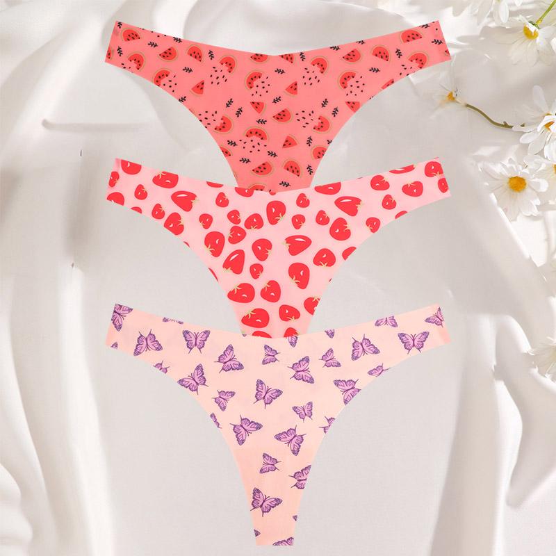 FINETOO 3 шт./компл. сексуальные стринги для женщин из ледяного шелка, цельные бесшовные трусики для девочек, свежее нижнее белье с низкой талией и принтом