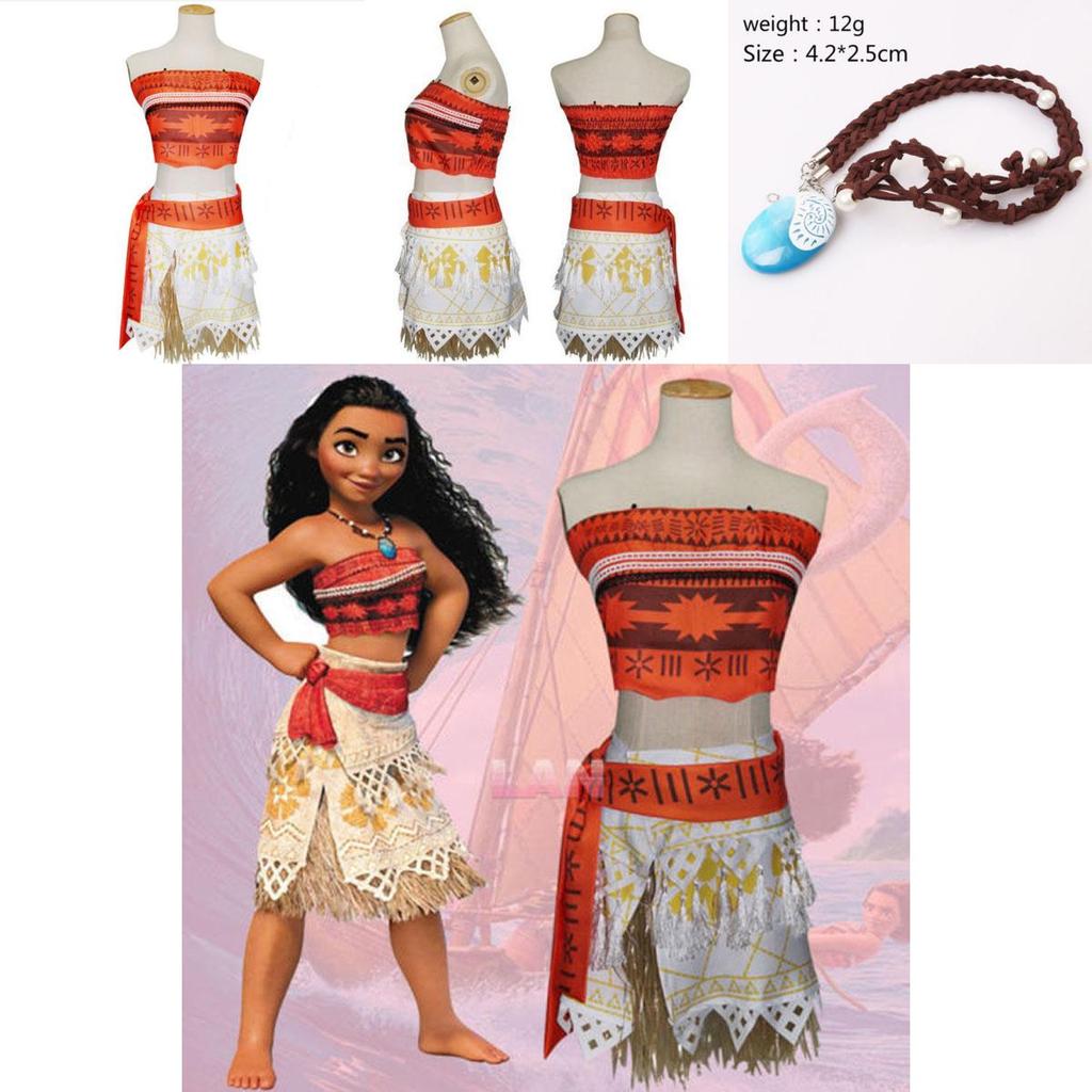 Delightful Girls Kids Moana Princess Costume Fancy Dress Set With Elegant Necklace Accessory