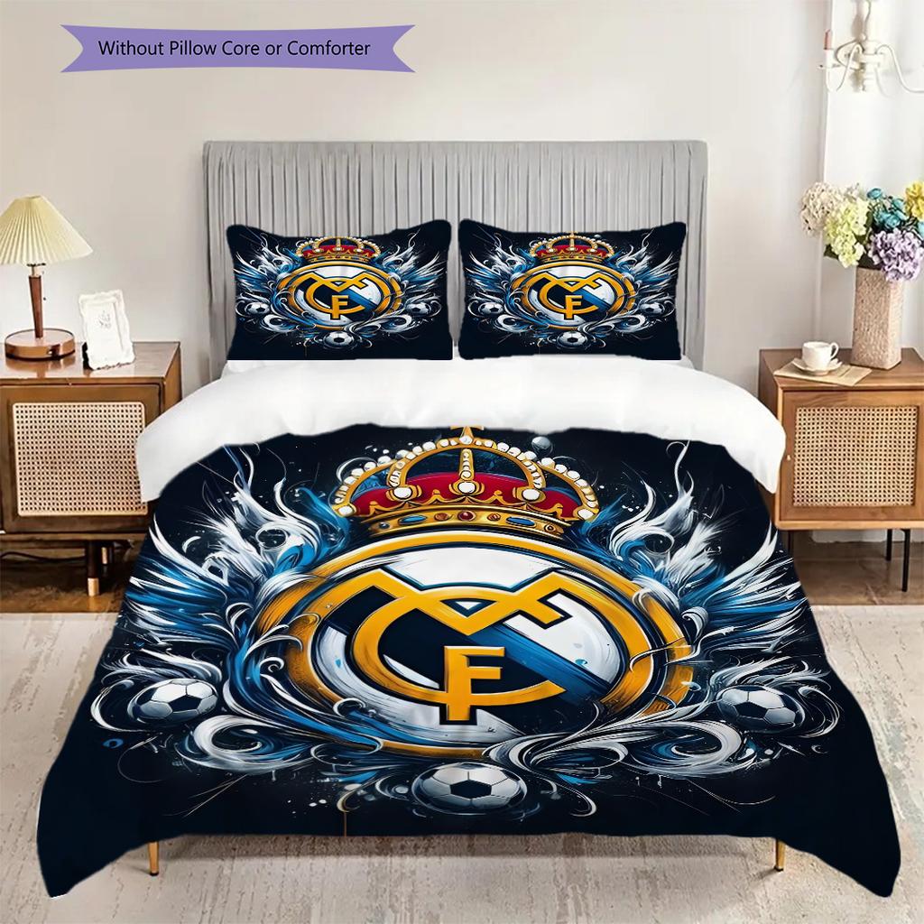 Комплект постельного белья с узором ФК Реал Мадрид Одеяло Покрывало Наволочка Домашний Декор Подарок на День Рождения (1 пододеяльник + 2 наволочки, без наполнителя)