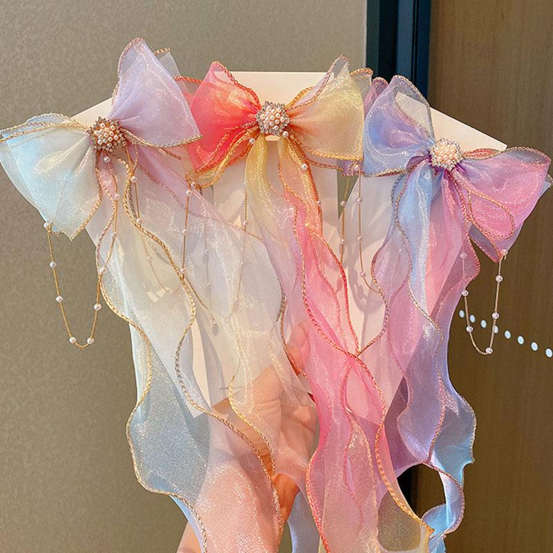 Шифоновые заколки для волос с бантом для маленьких девочек, красочные длинные ленты, детские заколки для волос, милая принцесса, детские аксессуары для волос, новый стиль