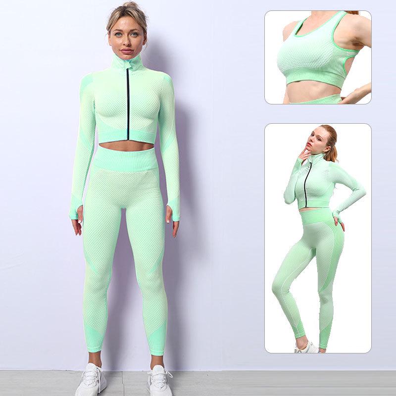 Женский бесшовный трикотажный костюм для йоги: Комплект из 3 предметов осень/зима с подъемом бедра для фитнеса и бега
