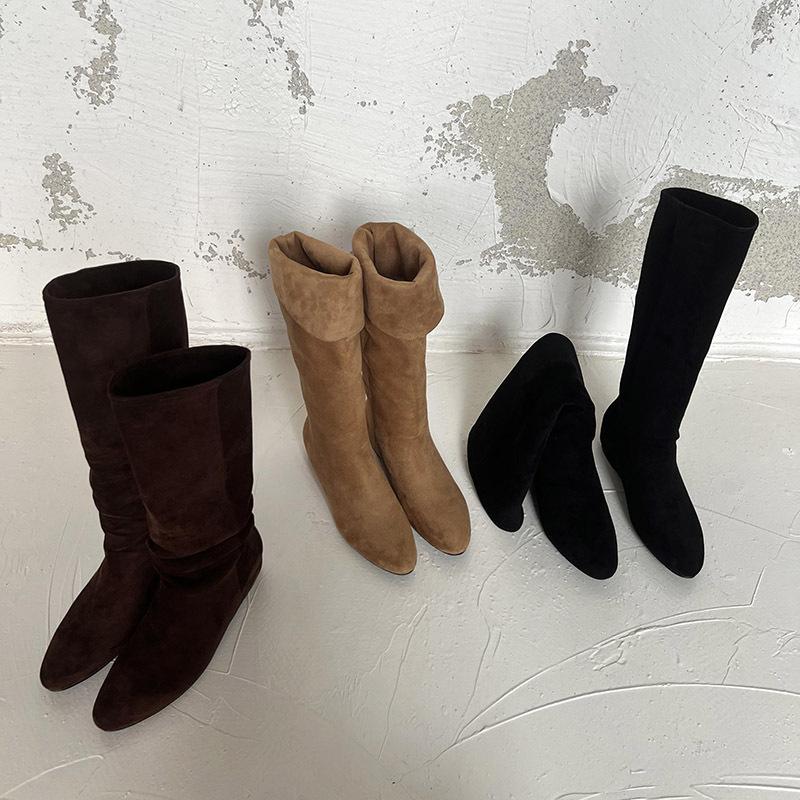 Knight Boots Women'S Autumn And Winter Western Boots Tall Tube Thin Retro Slim Inner Height Increase Pleated Pile Boots
