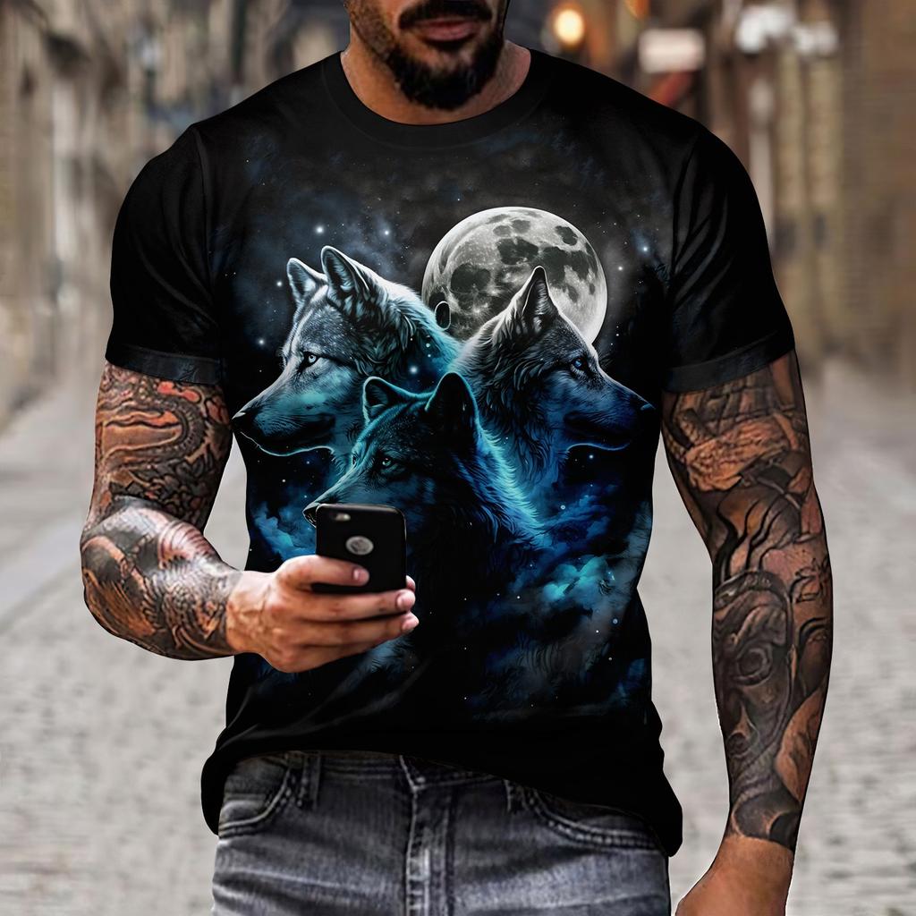 Новая летняя мужская футболка с круглым вырезом и 3D принтом волка на открытом воздухе, повседневная, из полиэстера, с коротким рукавом, модельер, уличный топ