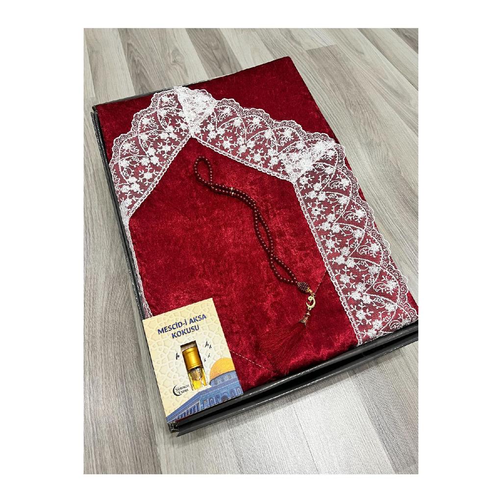 3 Piece Prayer Rug Set, Dowry Bundle Boxed, Velvet Laced Bride And Groom Set