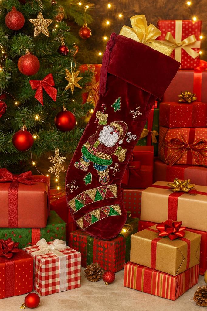 Handmade Beaded Santa Christmas Red Stocking – 21” Large Velvet Holiday Decor Fireplace Stocking Santa Claus Christmas Decoration & Gift Bag