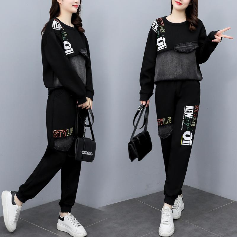 Женский комплект из двух предметов больших размеров, джинсовая куртка с длинным рукавом и брюки в стиле пэчворк, женский модный комплект из двух предметов