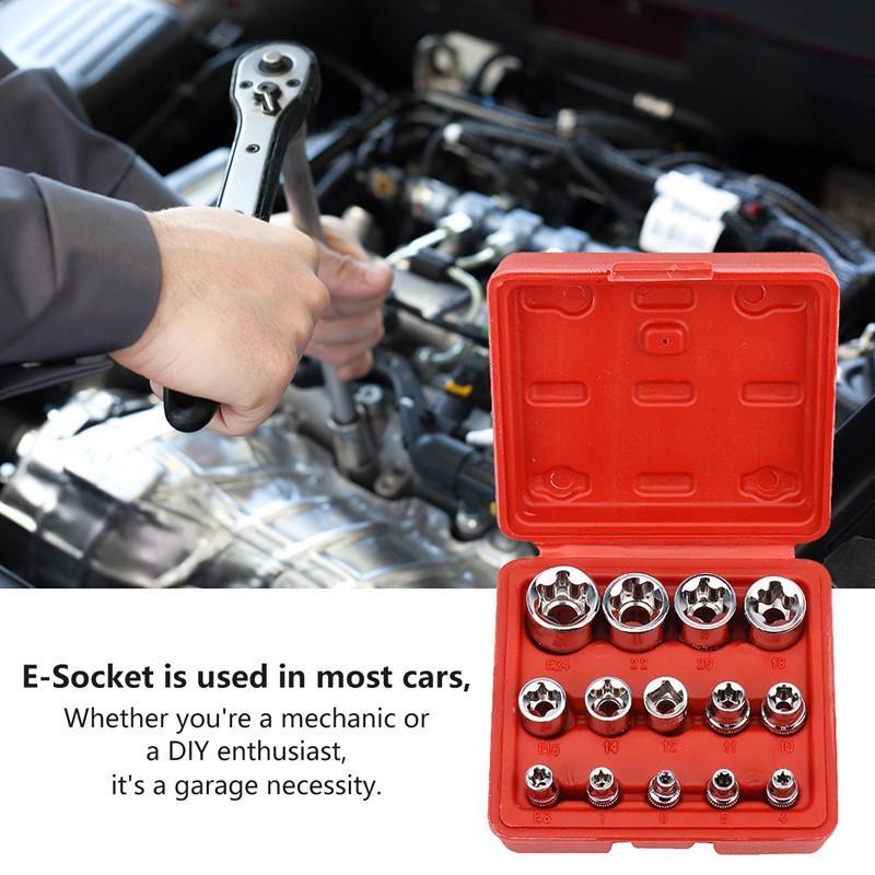 14Pcs Female E-Torx Star Socket Set 1/4" 3/8" 1/2" Drive Inverted E-Torx Star Bit E4-E24 Female External Torque Socket Set