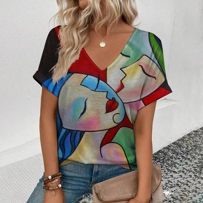 Модные женские футболки, одежда больших размеров, свободная женская одежда, футболка с v-образным вырезом и короткими рукавами, пуловер, топ в стиле ретро с абстрактным узором
