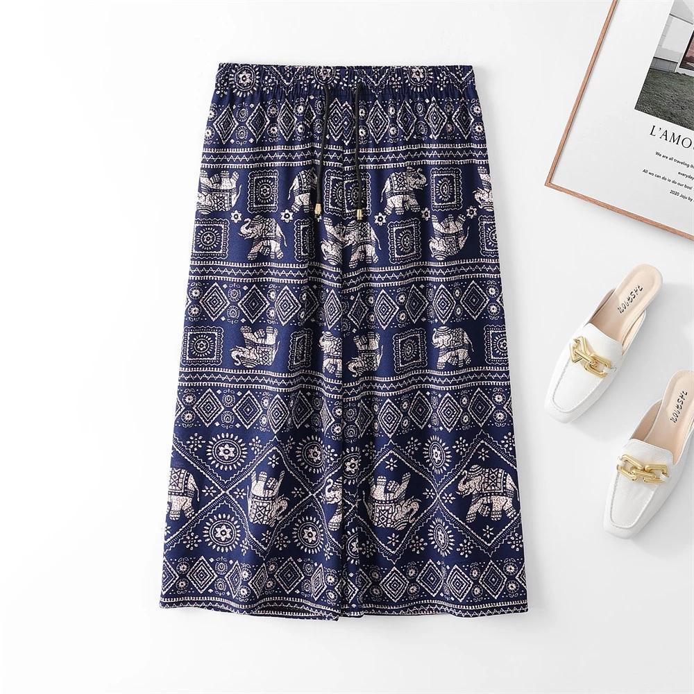 Капри Слоны Укороченные Брюки Регулируемый Эластичный Пояс Веревка Свободные Штанины Женские Мужские Унисекс Принт Таиланд Повседневная Уличная Одежда Пляжная Бохо Ретро Винтаж