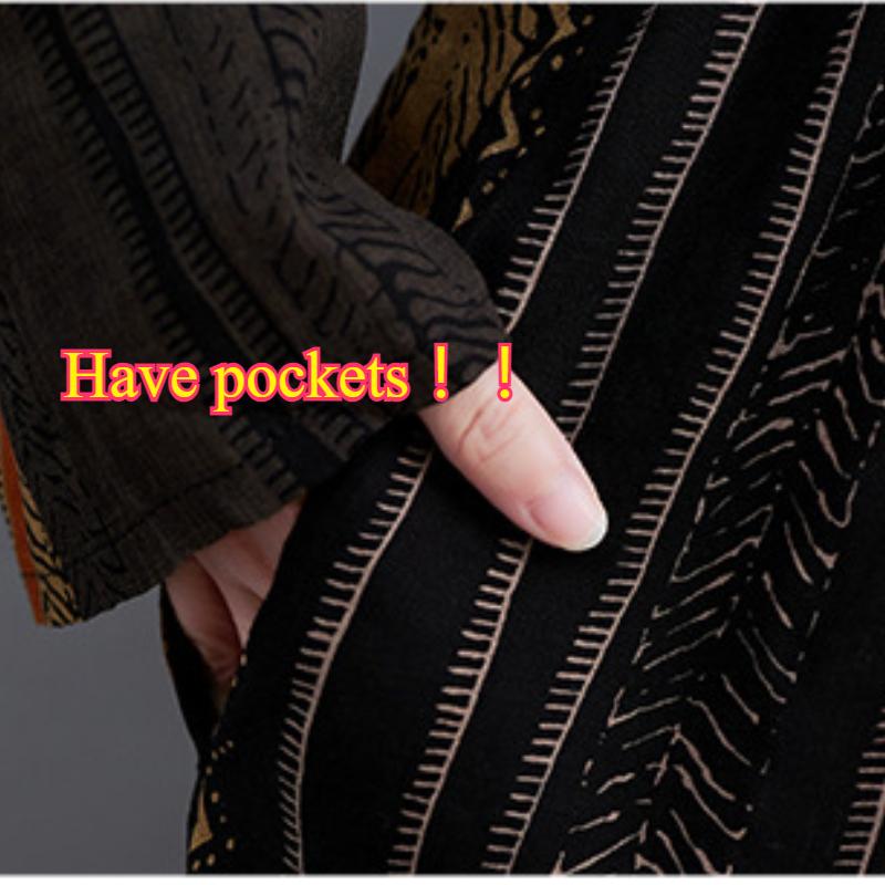 Женское весеннее ретро платье в полоску с длинным рукавом - этнический стиль, свободный дизайн с карманом и длинной юбкой