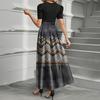 Women's Fashion Casual Belted Short Sleeve Round Neck Geometric Splicing Elegant Temperament Dresses
