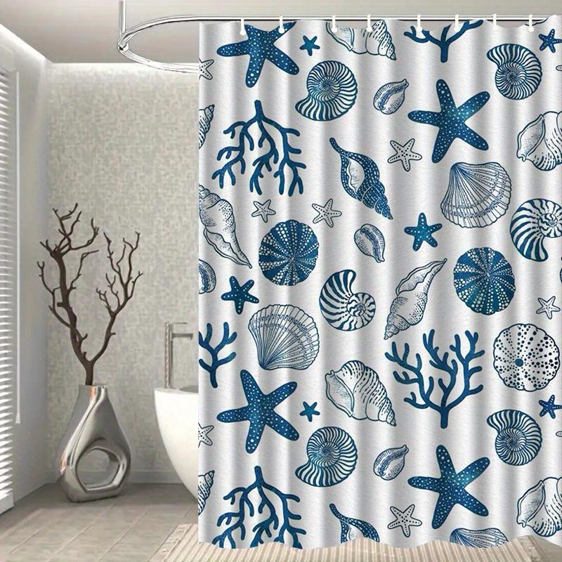 Mediterranean Coastal Shower Curtain with Hooks - Machine Washable Polyester Bathroom Decor, Artistic Starfish & Seashell Design