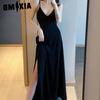Strap Little Black Dress Sexy Gentle V-neck Bottom Retro Long Side Slit Black Dress Women