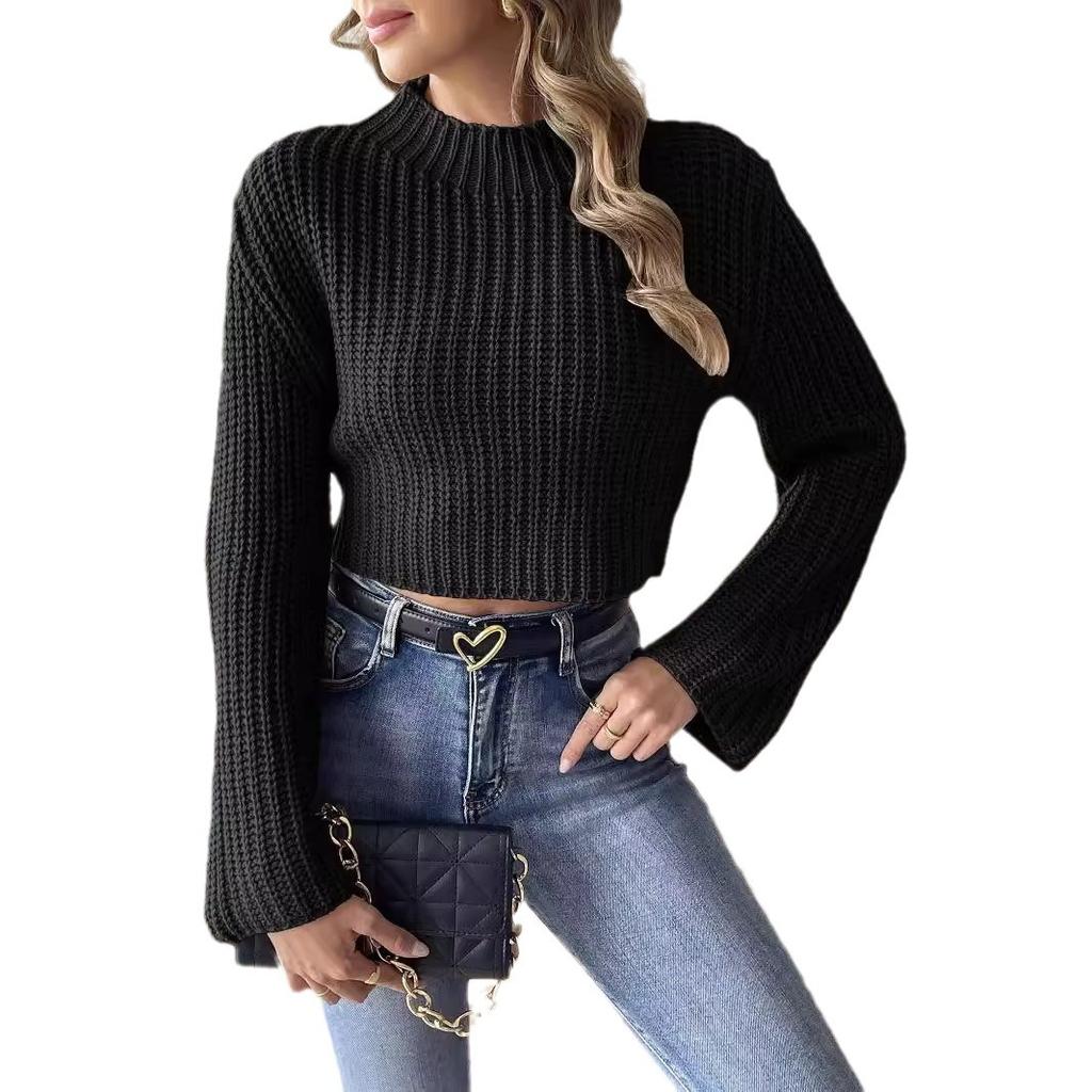 Ladies, Short Crop Top, Woven Sweater, Autumn and Winter New Style, Flared Sleeves, Semi High Neck, Pullover Sweater