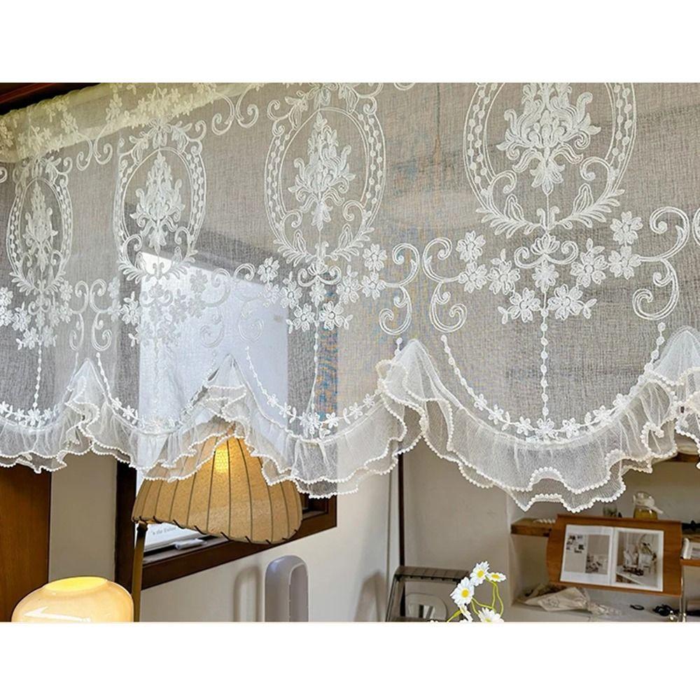 Double Pearls Lace Bottom Beaded Half Yarn Drapes Wavy Edge Floral Short Tulle Drapery Farmhouse