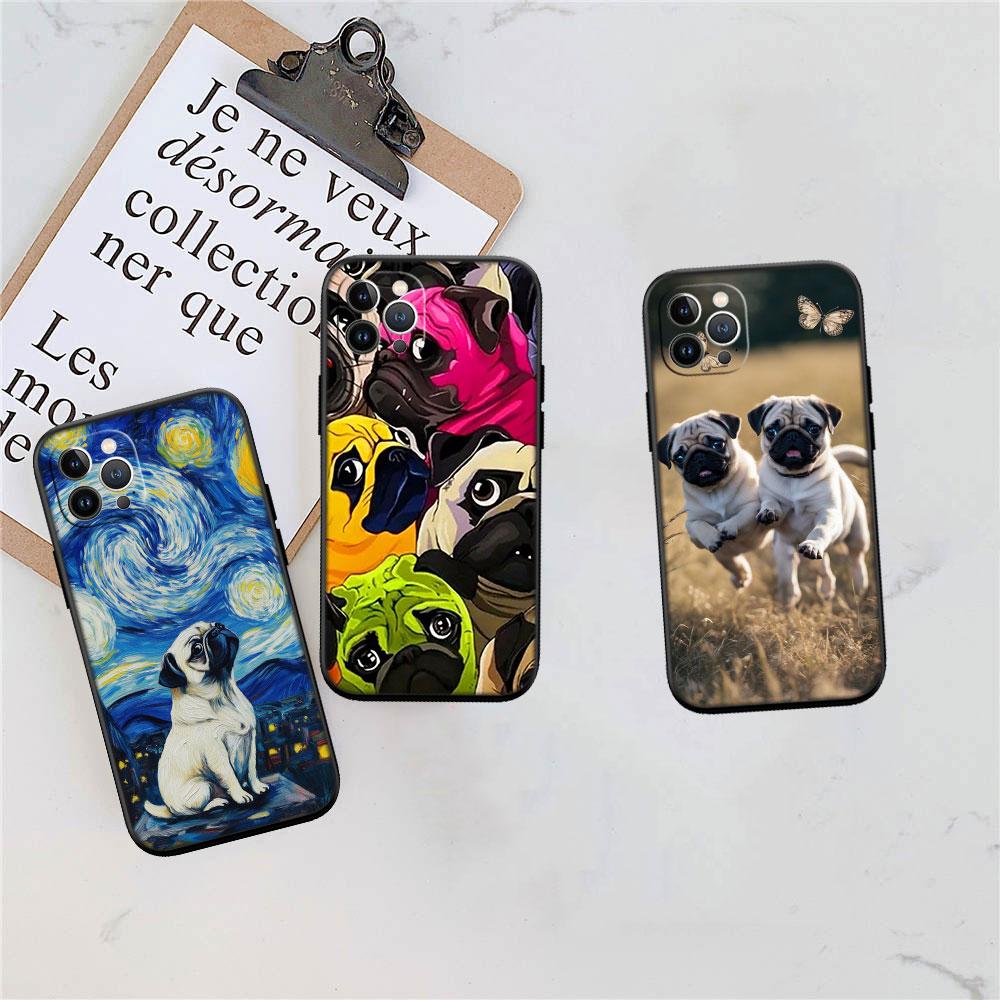 MY6 Cute Pug Dog Soft Shell Phone Case for iPhone 16 15 14 13 12 Pro Max Plus Mini