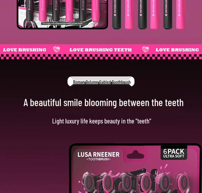 LR Black Pink Series Soft Bristle Toothbrushes [Pack of 6] - Wave-Shaped Convex Design for Adults