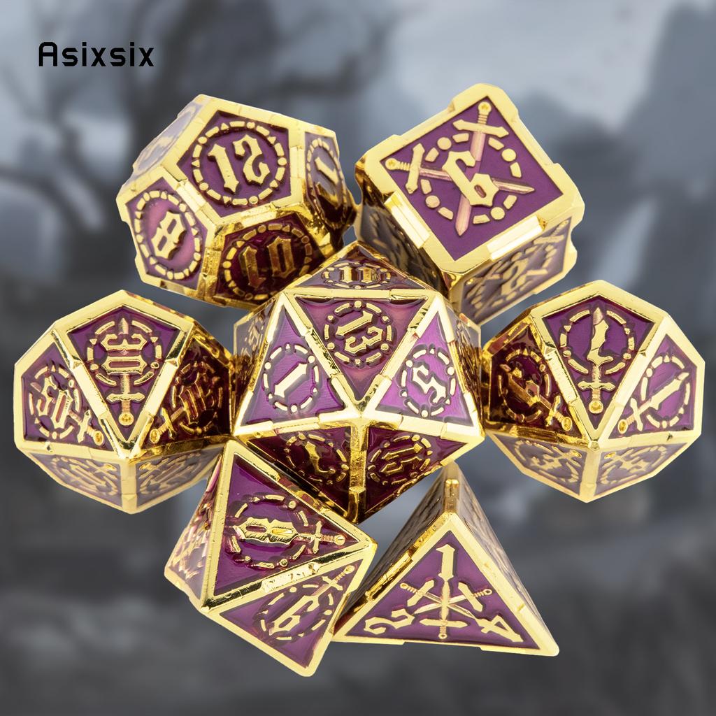 7 Pcs Golden Purple Double Swords Metal Dice Solid Polyhedral Dice Set Suitable for Role-Playing RPG DND Pathfinder Board Game