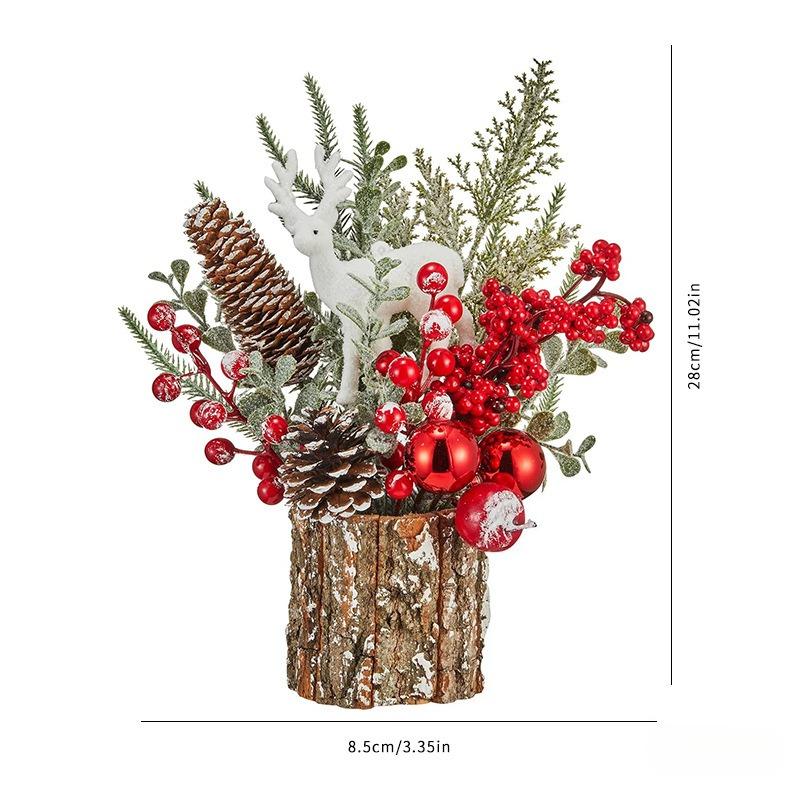 1pc Christmas Tabletop Tree Decor - Classic Snowy Pine Cone & Red Berries,Durable Holiday Centerpiece for Home/Family Gatherings