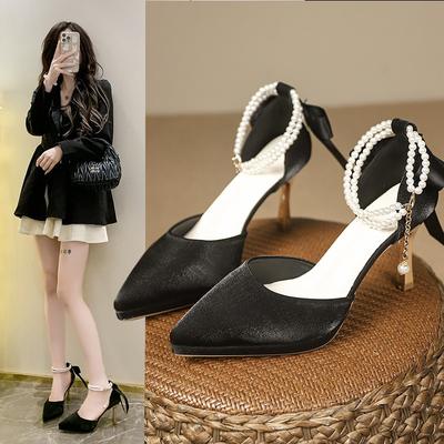 Модные женские сандалии Baotou, осенние, новые, с острым носком, с неглубоким носком, сатиновые, водонепроницаемые, на платформе, с бусинами, на высоком каблуке