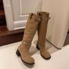 Плиссированные ботинки на толстом каблуке и тонкой платформе для женщин, новая летняя модель 2025 года, ковбойские сапоги, высокие рыцарские сапоги