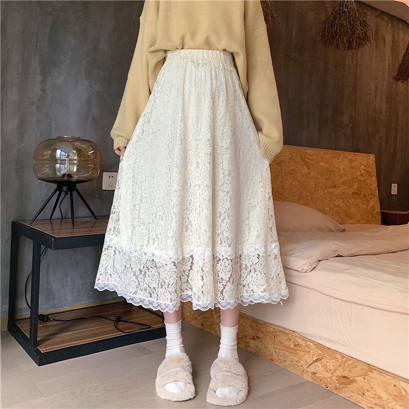 Female Lady Korean Style Black White Blue Lace Midi Skirt Women Spring Autumn Cute Elegant Office A-line Skirt