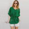 Summer V-Neck Cotton & Linen Bat Sleeve Shirt - Loose Fit, Plus Size Trend