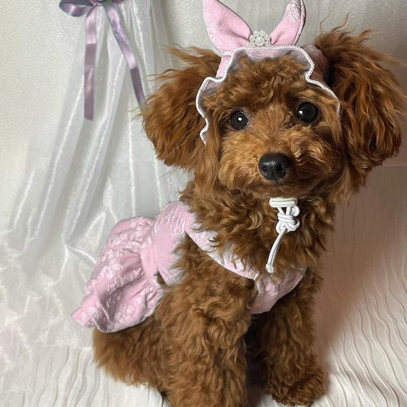 Dog Clothes Floral Princess Jacquard Dress + Hat for Easter Birthdays Small Dogs Teddy Breeds