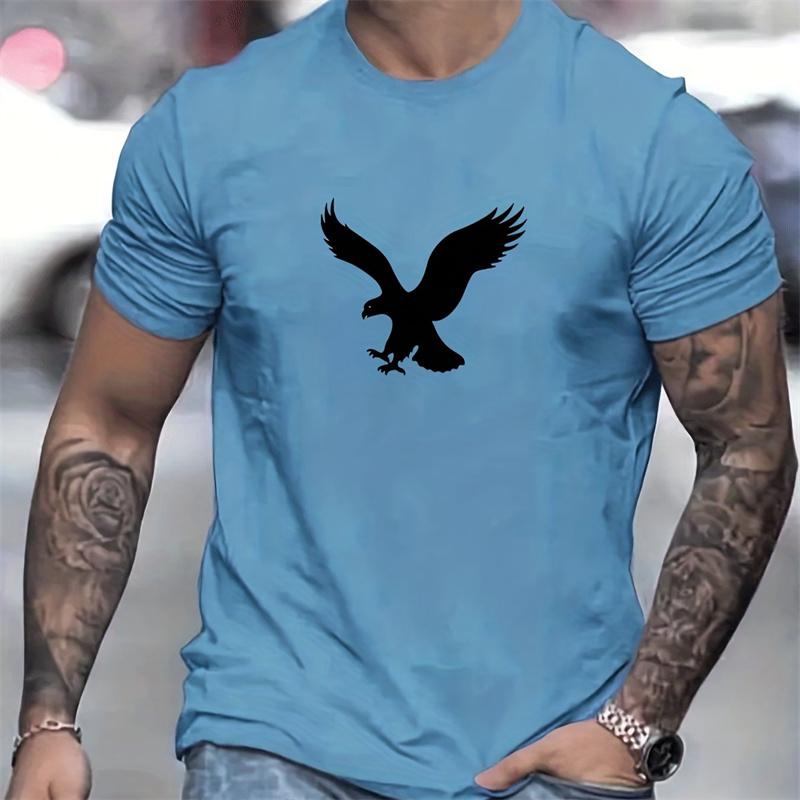 2024 Summer New Men's Simple Fashion Loose T-Shirt Eagle Print Round Neck Solid Color Short-Sleeved T-Shirt Casual Daily Tops