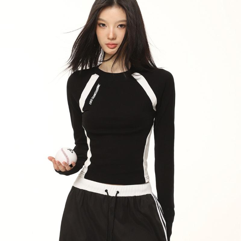 Ретро лоскутная футболка с длинными рукавами контрастного цвета, женская осенняя милая тонкая футболка Y2K с эстетическим буквенным принтом, шикарные футболки с дизайном