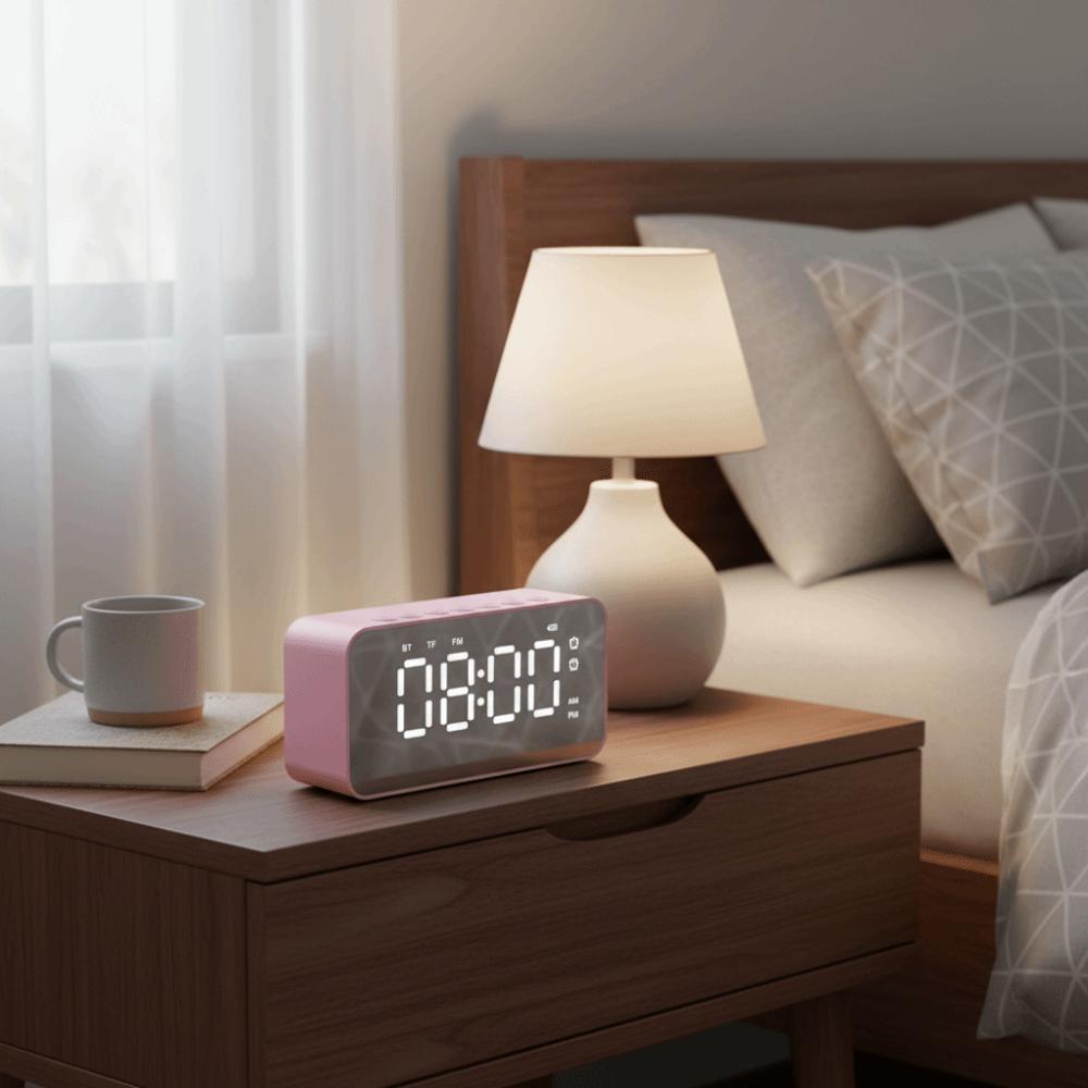 Digital Display Bluetooth Speaker Stereo Sound LED Mirror Clock Creative FM Radio Desktop